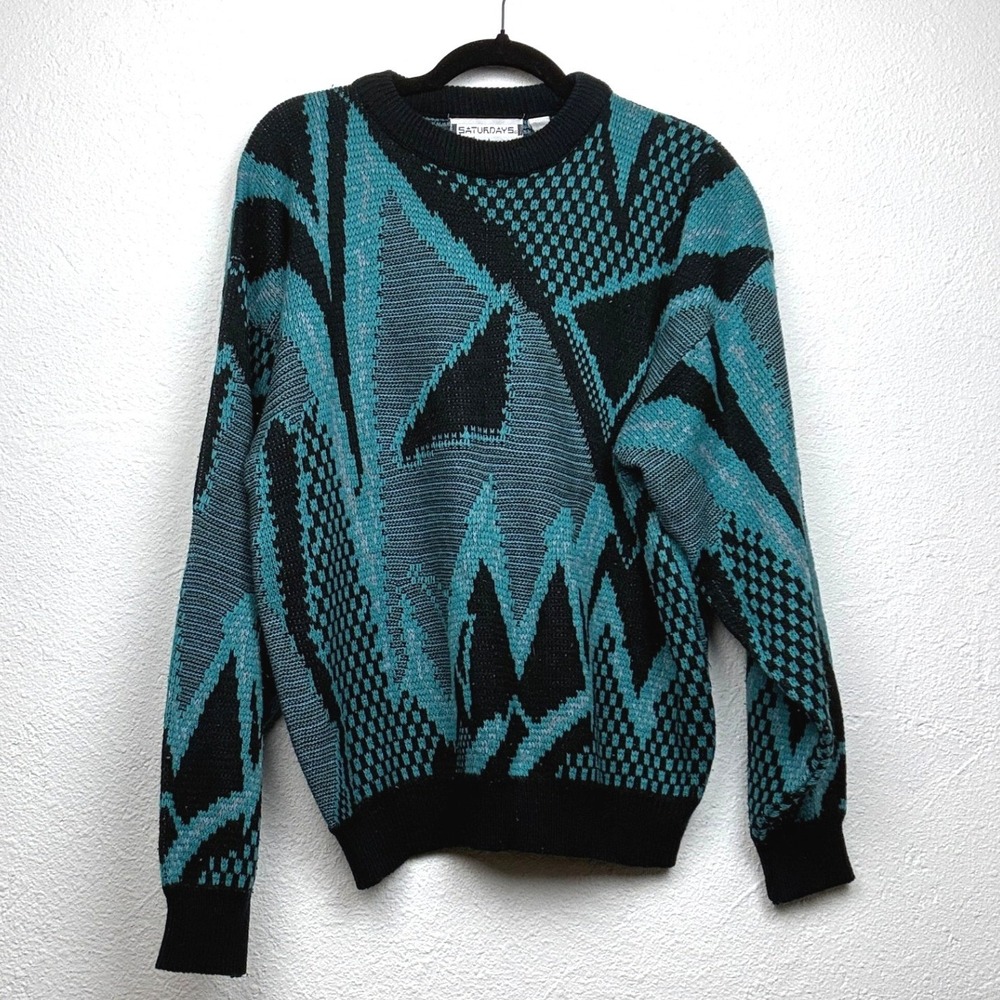 Saturdays Teal Black Geometric Sweater - L - Vintage 80s Abstract Knit Retro